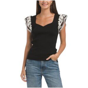 ELIE TAHARI Sweetheart V-neck Top With Embroidered Flutter Sleeve